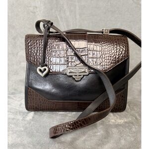 Vtg BRIGHTON Black Croc Embossed Brown Black Leather Shoulder Handbag Purse